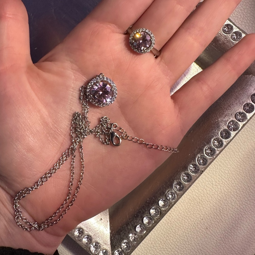 Pink and silver oval necklace and ring set